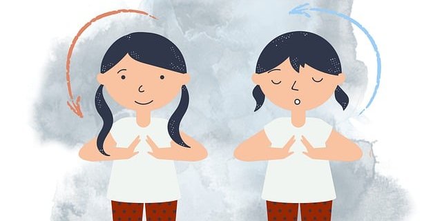 Illustration eines Kindes bei einer Atemübung mit dargestellter Ein- und Ausatmung