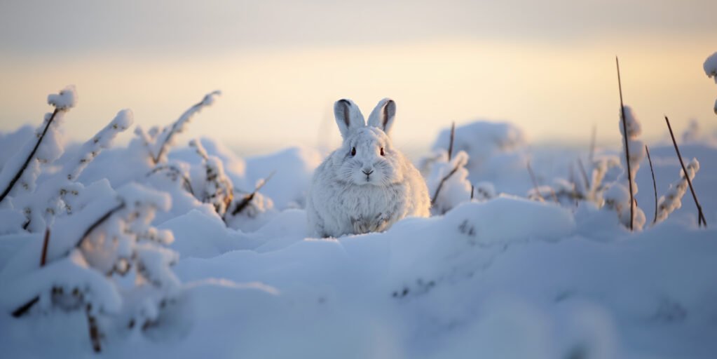 Weißer Hase sitzt zwischen verschneiten Pflanzen in einer winterlichen Landschaft