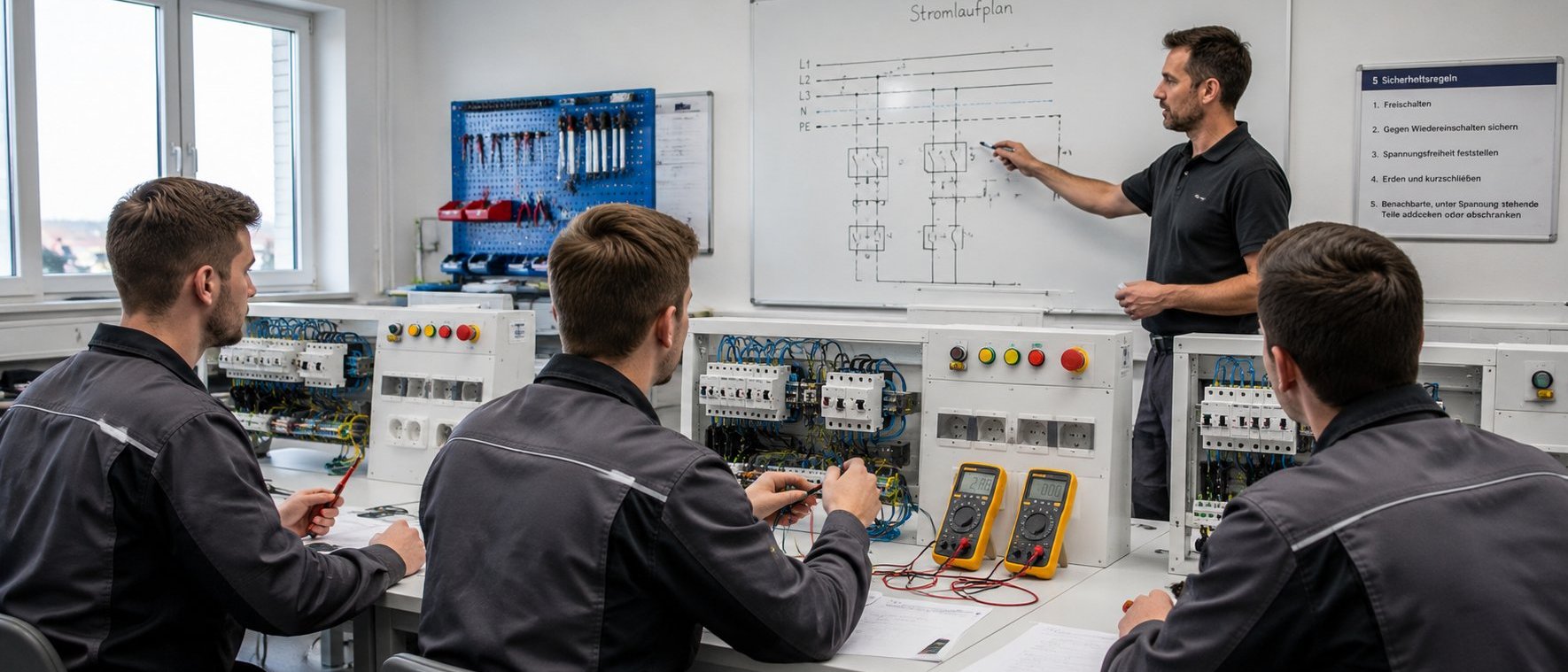 Ausbilder erklärt drei Auszubildenden technische Abläufe an einer Schulungsanlage